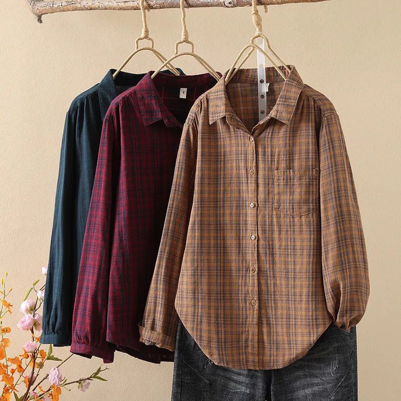 Vintage Cotton Plaid Blouses Vintage Streetwear Boyfriend Shirt For Ladies Harajuku Long Sleeve Blouse Autumn Checkered Shirts