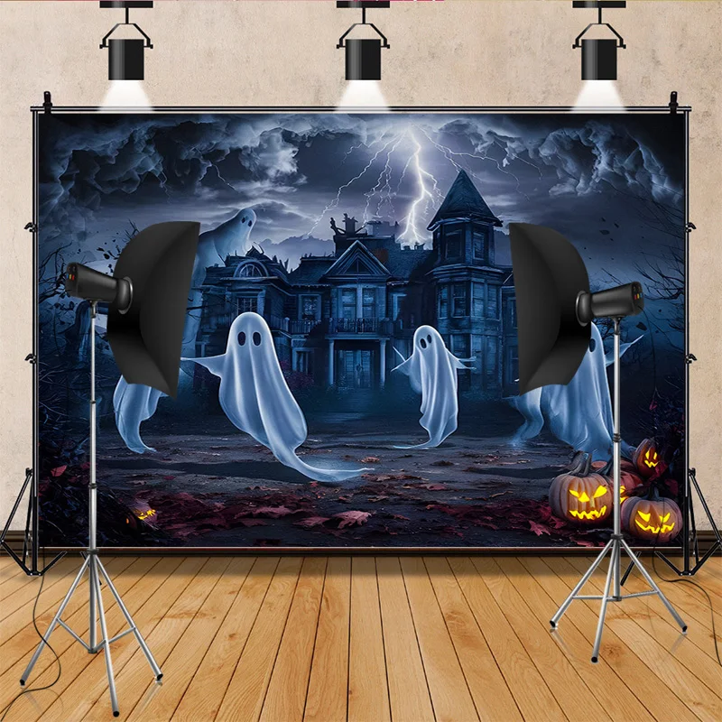 Halloween Backdrop Full Moon Scary House Night Castle Graveyard Forest Bats Pumpkin Lantern Spooky Photography Background  SJ-9