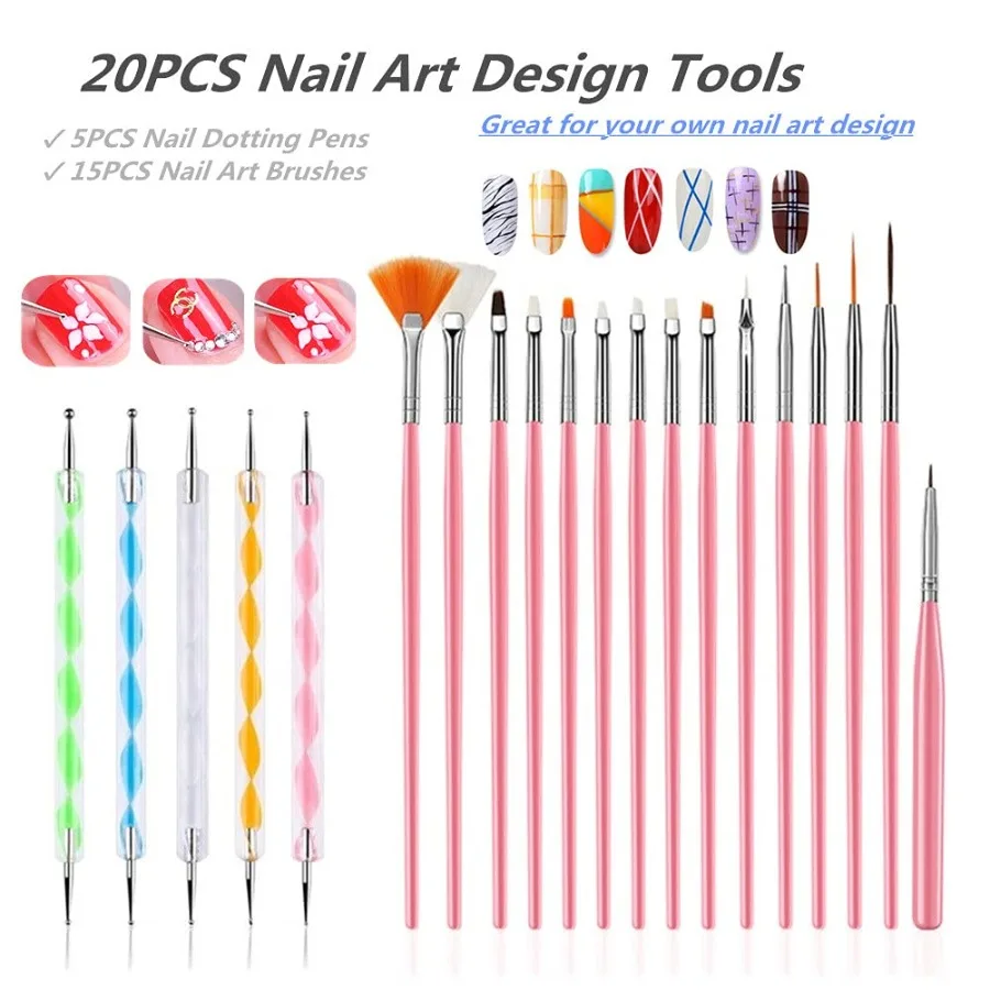20-teiliges Nail-Art-Design-Werkzeug-Set, 15-teiliges Malpinsel-Set mit 5 Punktstiften