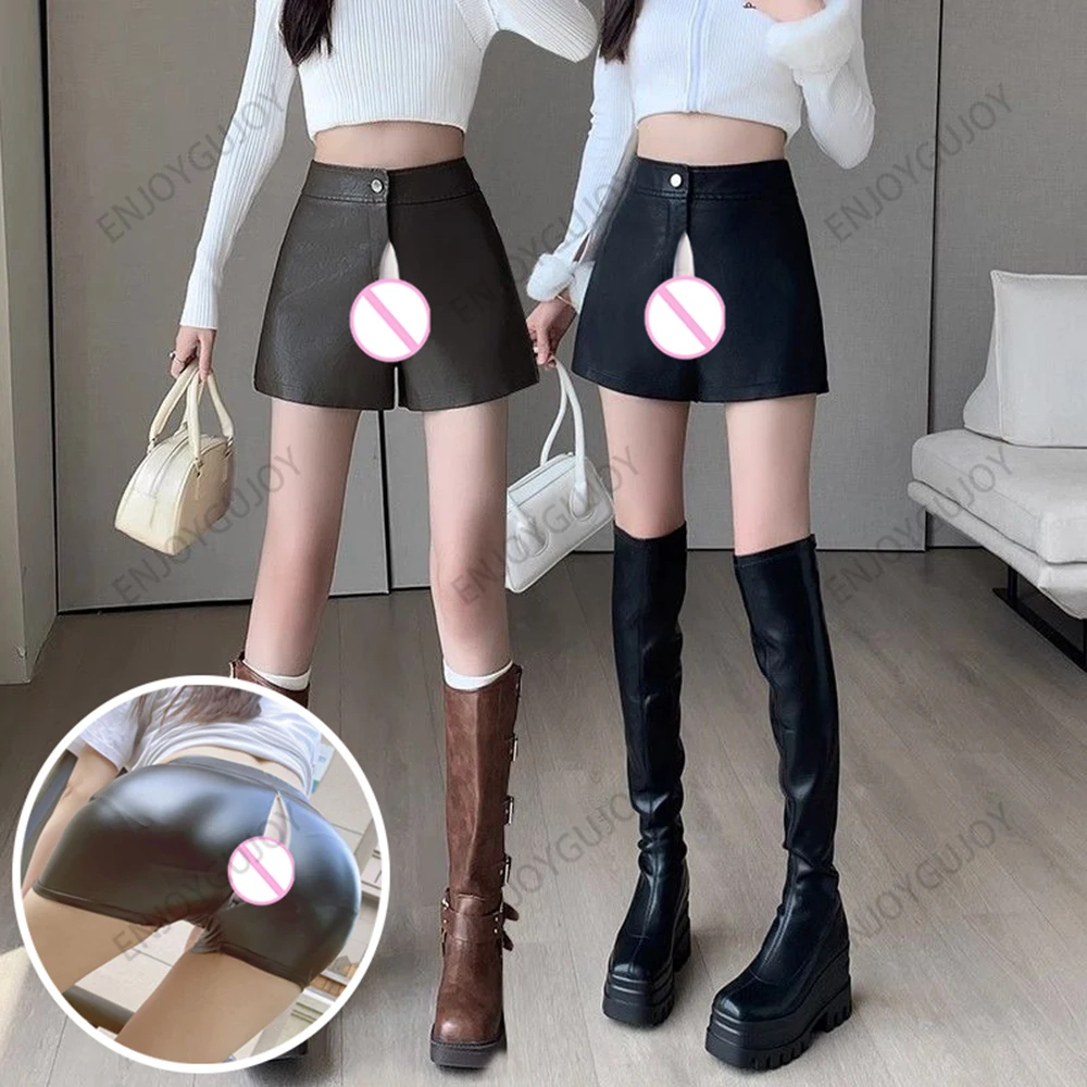 PU Leather Shorts for Outdoor Sex, Invisible Open Crotch, Oversized Black Wide Leg Pants, Ms High Waisted Casual Bottom Boots