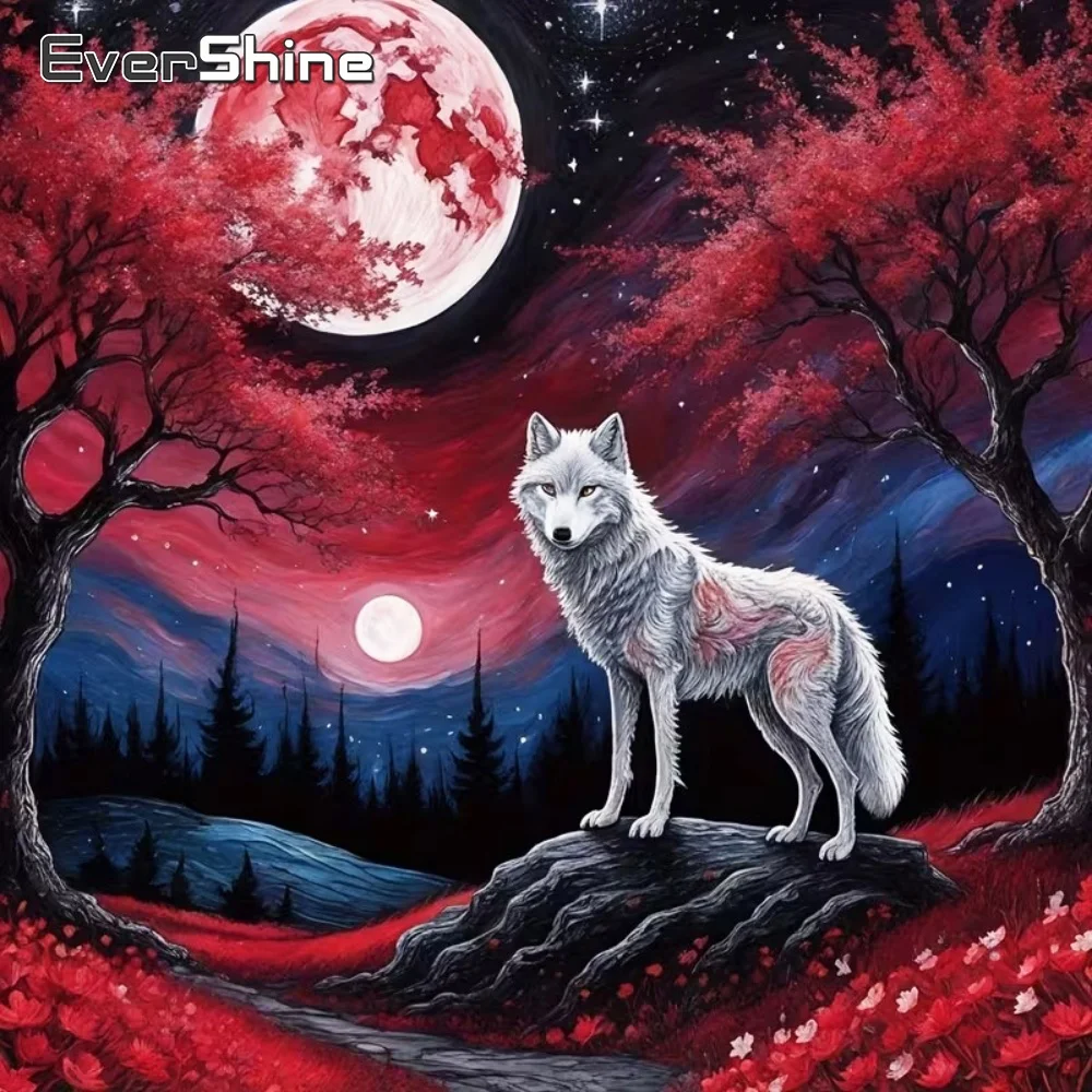 EverShine Vollquadratische und runde Diamant-Stickerei: Wolf-Tier-DIY-Gemälde, Mondbild aus Strass, Mosaik-Baum-Wanddekoration
