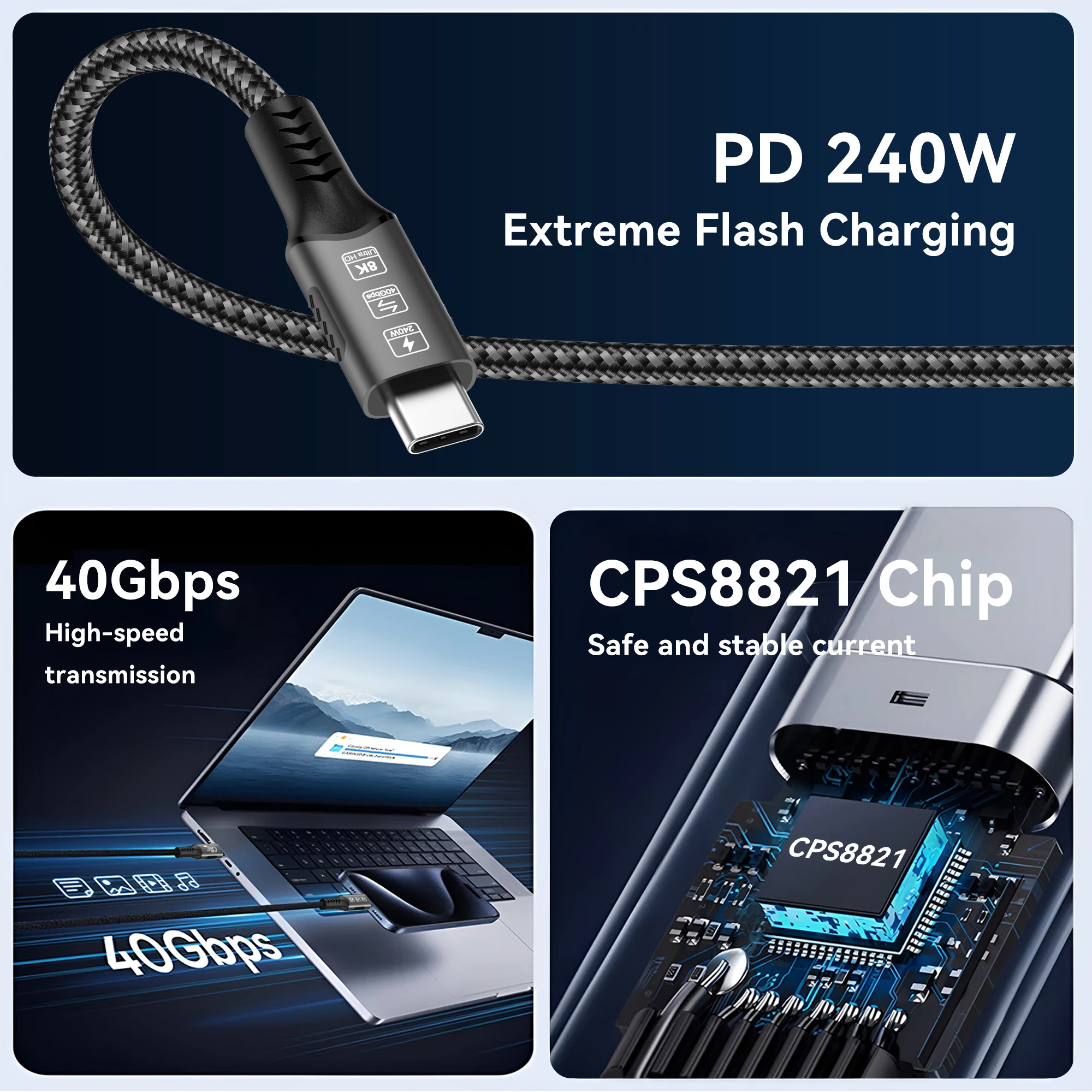 240W Fast Charging Cable USB4 Type C Cord 8K 60HZ 40Gbps Full Function Compatible For Thunderbolt 3 4 Apple iphone15 Pro Max