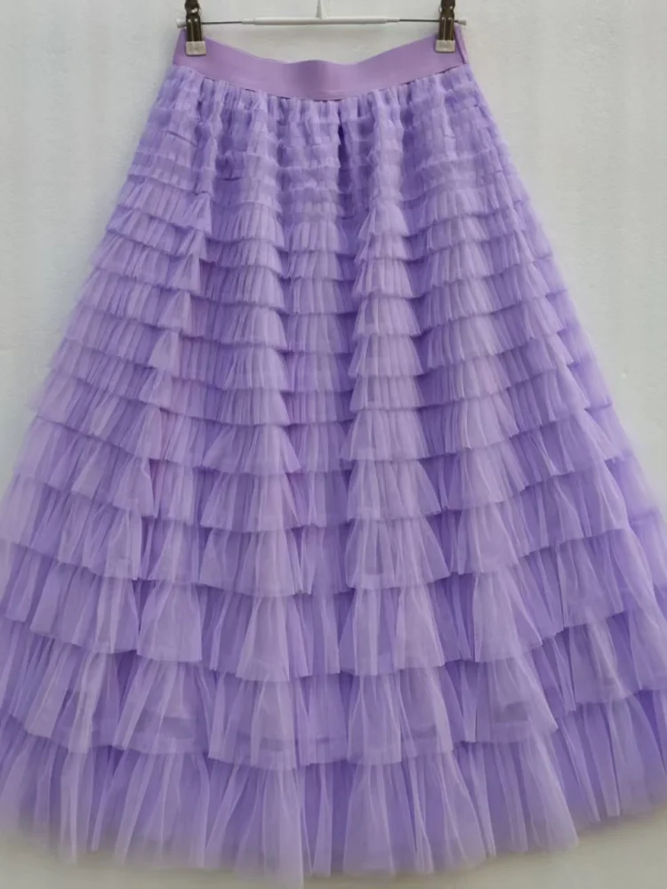 

Sweet Multi-Layered Cake Me Skirt Women's A-Line Midi Skirt Light Purple Ele Elastic Waist Princ Sle Long Skirt
