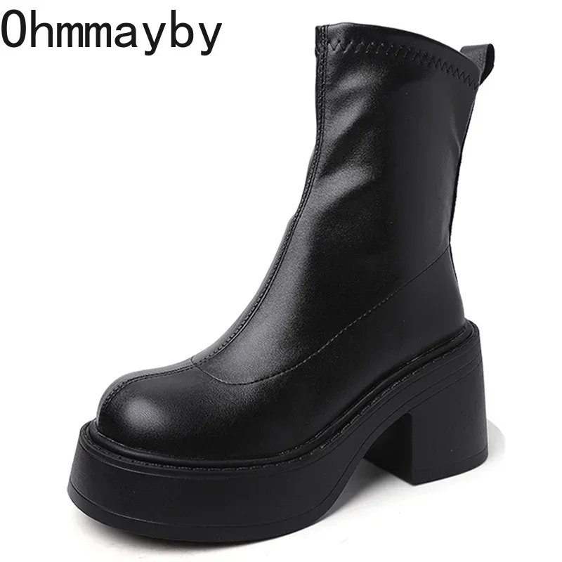 Winter Platform Ankle Boots For Women Fashion Side Zippers Short Boots Female Elegant Square High Heel Women\'s Mordern Botties