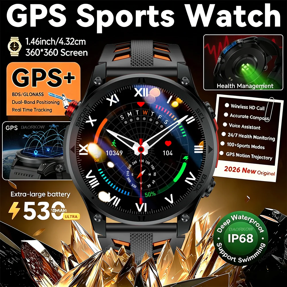 Gold Smartwatch with AMOLED Screen and Flashlight, Gift for Men