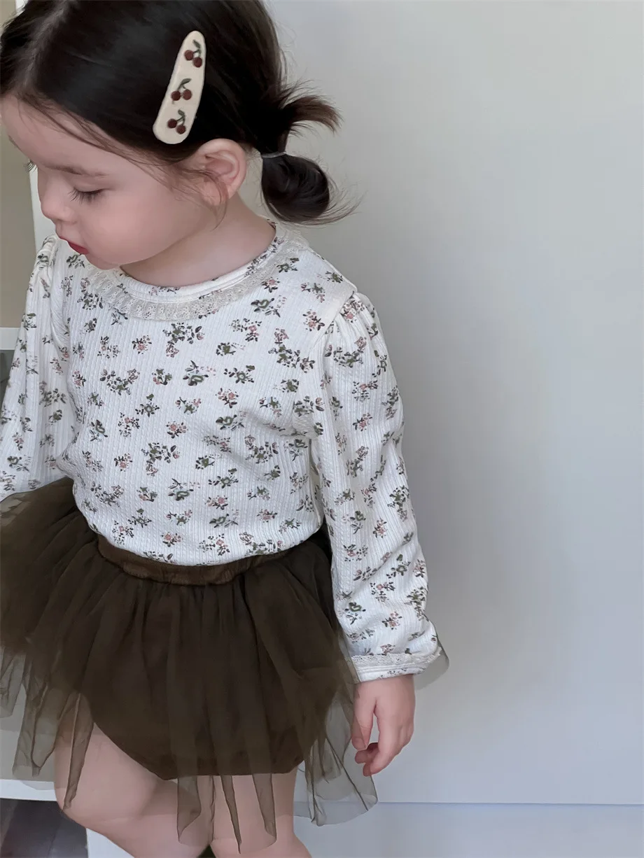 

2024 Autumn New Infant Girl Long Sleeve Floral T Shirts Cotton Toddler Flower Print Shirts Baby Girls Mesh Shorts Outfits