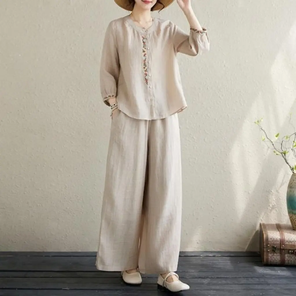 

Summer Retro Chinese Style Embroidered Two-Piece Suit Loose Casual Wide Leg Pants Fashion Women's Set