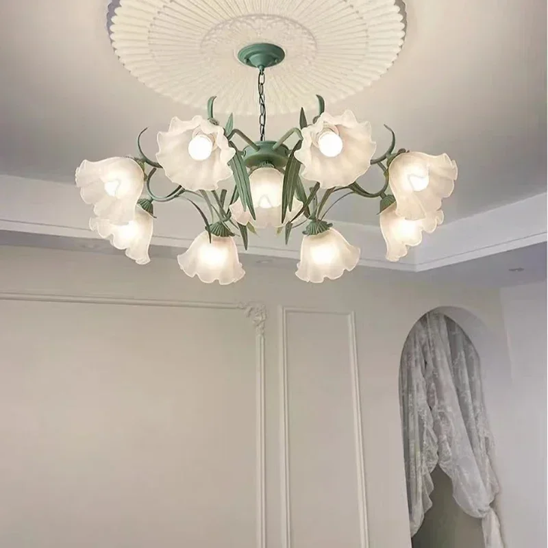 French Iron Pendant Light Nordic LED Lily Of The Valley Flower Chandelier For Bedroom Kitchen Parlor Restaurant Creative Lamp