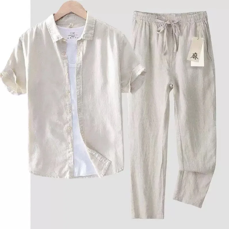 Conjunto de Camisa de Lino Ligera y Casual de Verano para Hombre, Manga Corta, Color Blanco, Combinable con Pantalones, Manga Larga Juvenil