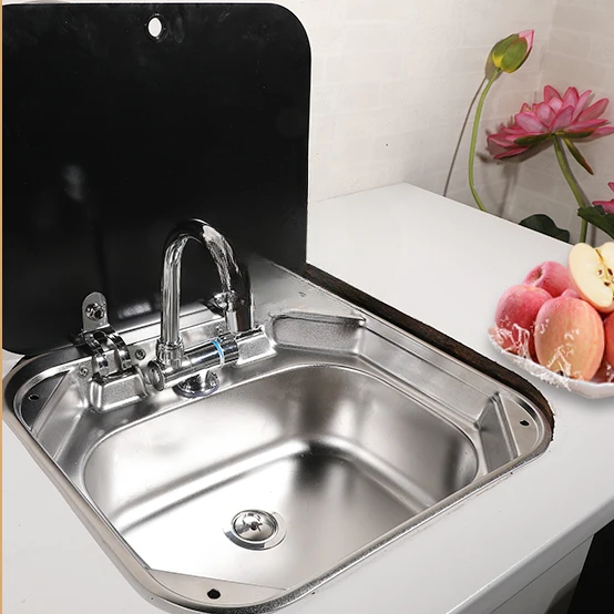 RV Sink Caravan Stainless Steel Hand Wash Basin Sink with Folded Faucet Tempered Glass Lid Washbasin Boat Camper Trailer