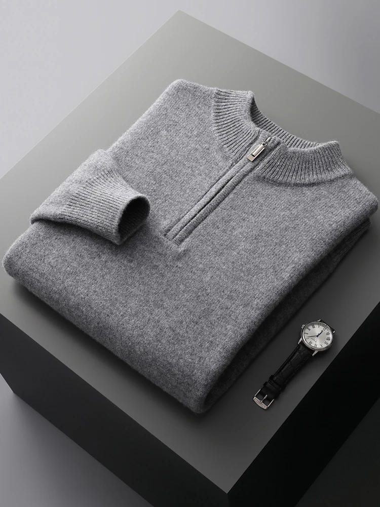 

Autumn Winter Men's 100% Merino Wool Pullover Stand Collar Knitted Sweater Long Sleeve Thickened Cashmere Bottom Jacket Shirt