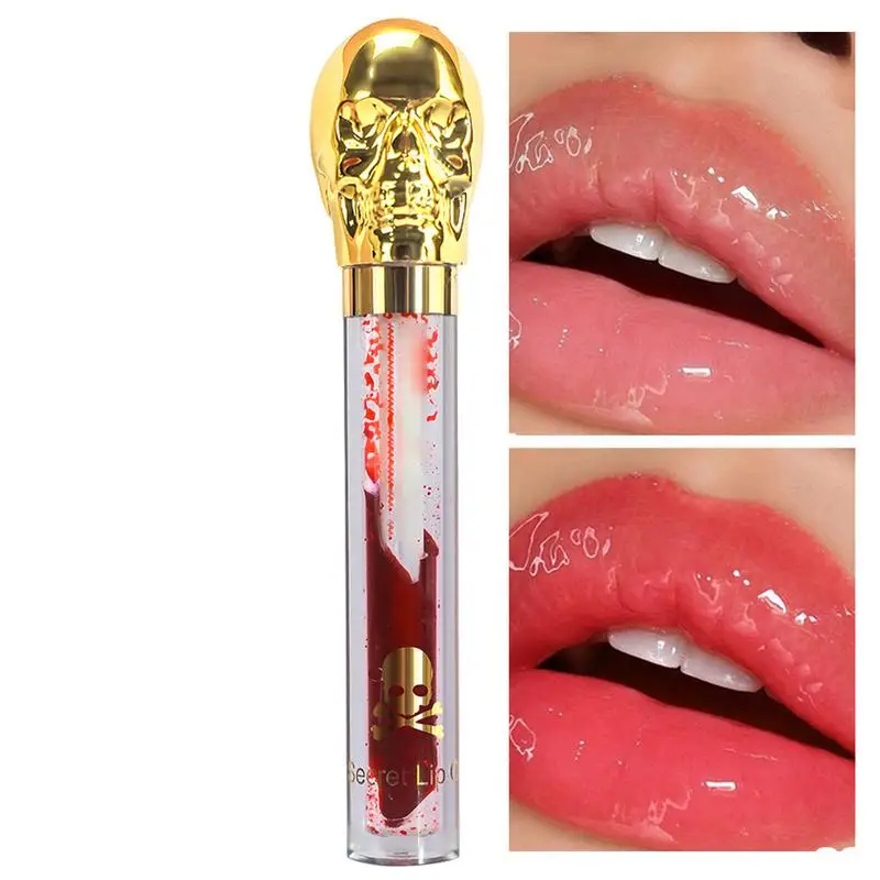 Rouge à Lèvres Liquide Hydratant avec Tête de Mort, Huile de Jules Glaze, Miroir de Vampire, Brcorporelle à Eau, pour Halloween