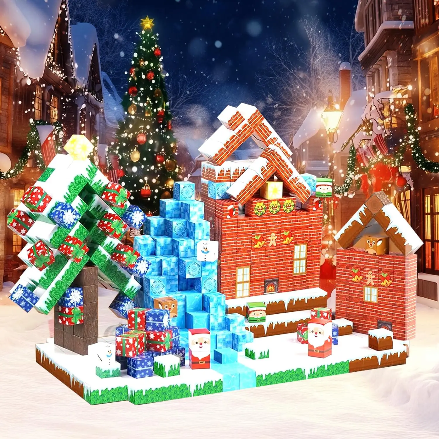 ของเล่นบล็อกแม่เหล็กคริสต์มาส ตัวต่อแม่เหล็ก 3 มิติ ของเล่นเสริมพัฒนาการทางประสาทสัมผัส ชุดของเล่นสร้างสรรค์แบบอินเทอร์แอคทีฟ ของขวัญปีใหม่