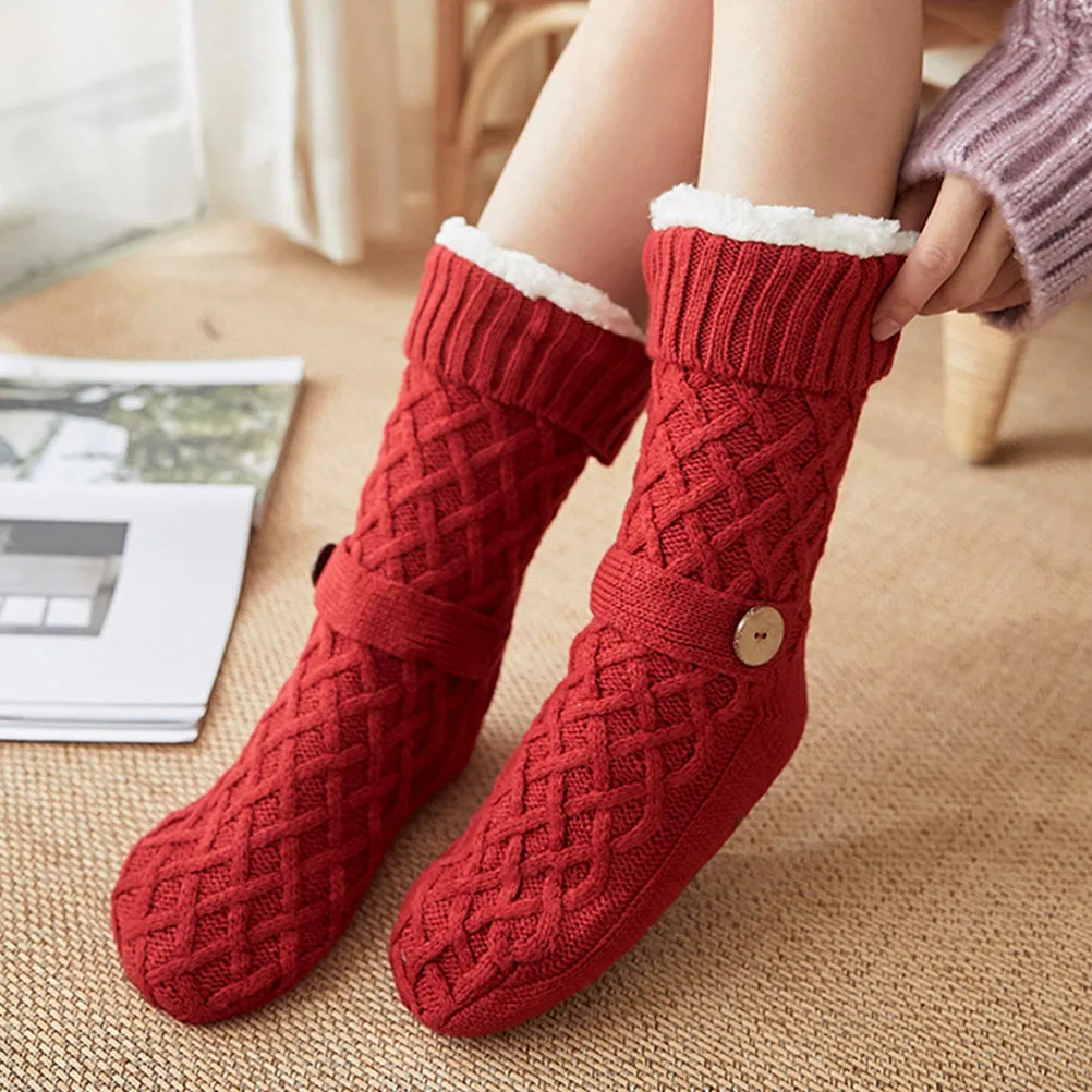 

Thermal Women Socks Nonslip Red Stocking Child Slippers Warm Cozy Thickened Fleece Lined Anti Slip Indoor House Shoes Winter