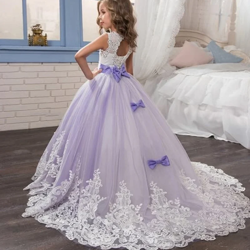 Flower Girls Dresses Purple Tulle Diamond White Flory Pattern With Bow Sleeveless For Wedding Evening Party First Communion Gown