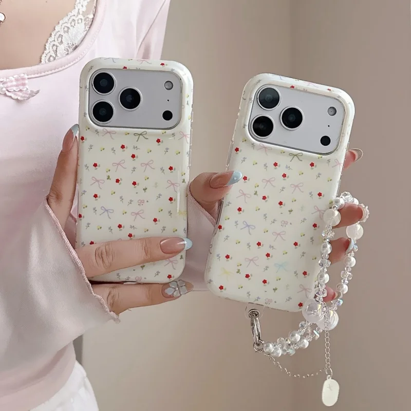 

Ins Cute Little Flower Bowknot Phone Case For iPhone 17 Pro 16 15 Pro Max Cover with Chain Fashion Cases For Apple iPhone 16 Pro