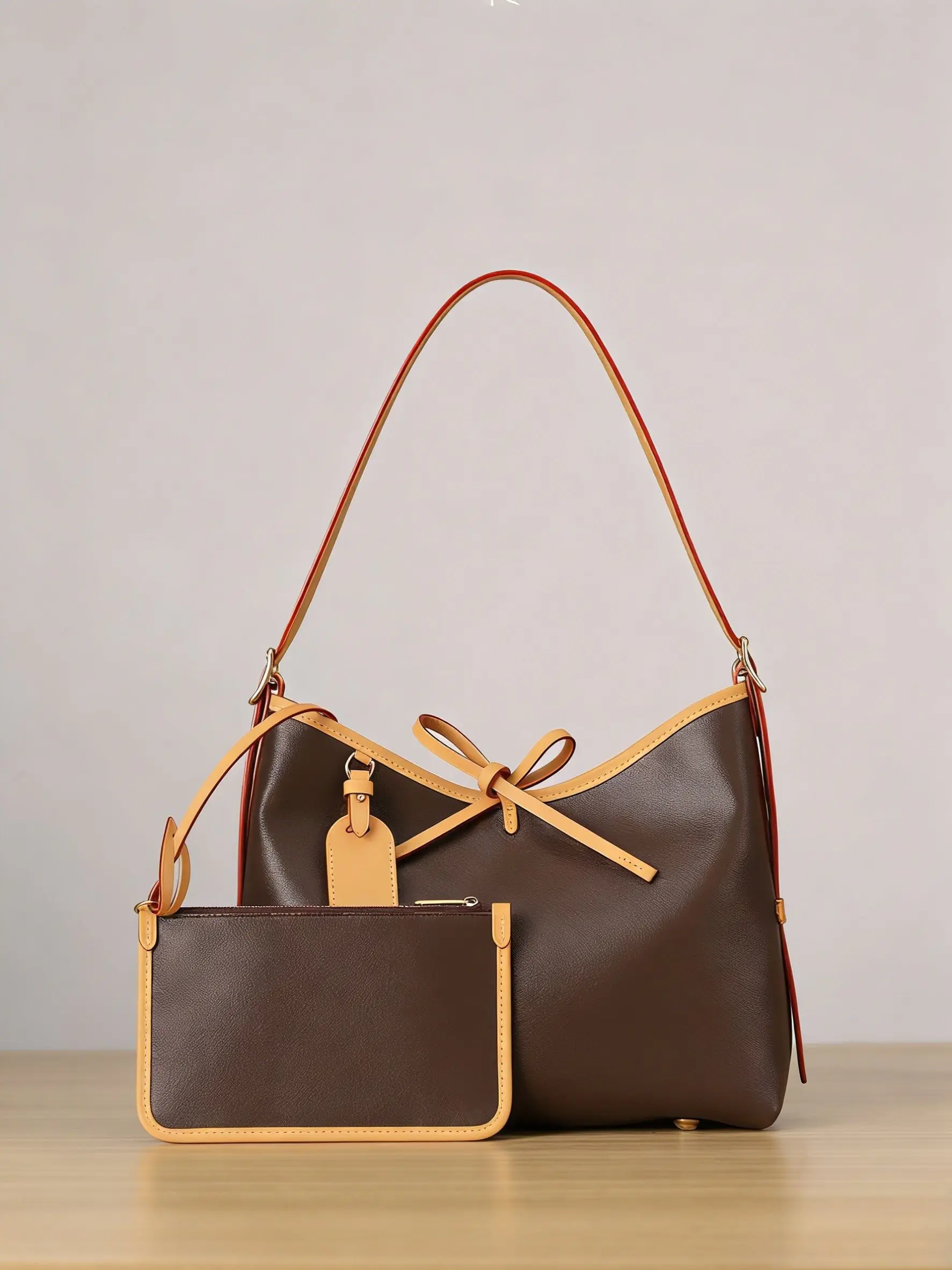 Women Monogram Brown Trim Bucket Shoulder Bag with Drawstring, Spacious Casual Handbag for Travel and Everyday Commute