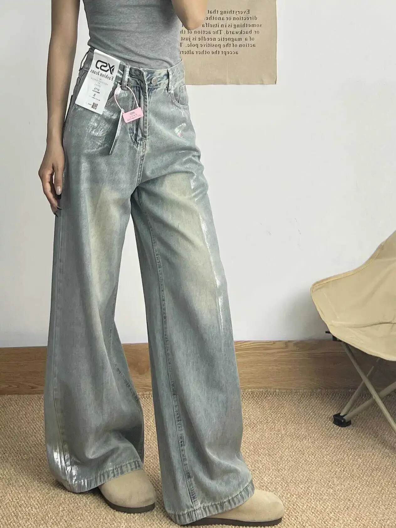 Szare dżinsy damskie 90s Vintage Personality High Waisted Straight Trouser Streetwear Casual Loose Girl Wide Leg Classic Denim Pants