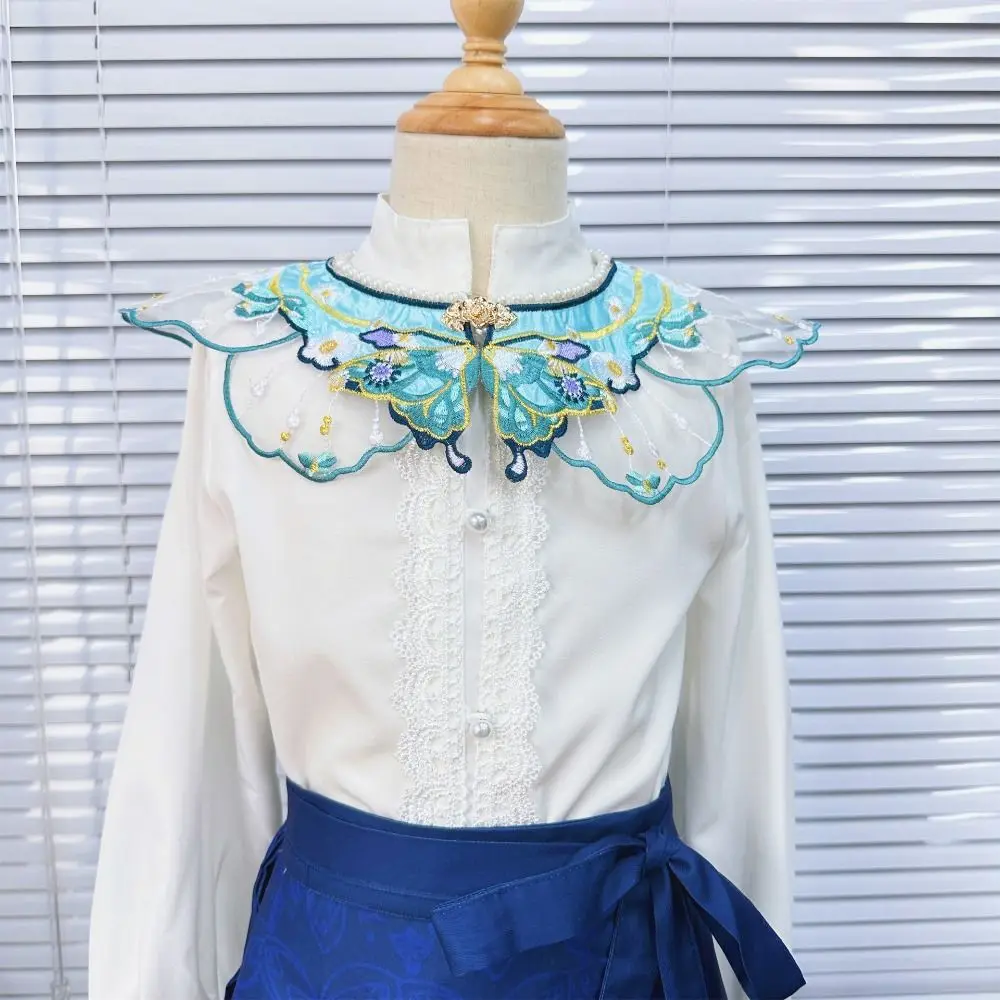 Embroidery Decoration Hanfu Shawl Butterfly Traditional False Floral Yunjian Pearl Round Neck Kids Shirt False Collar