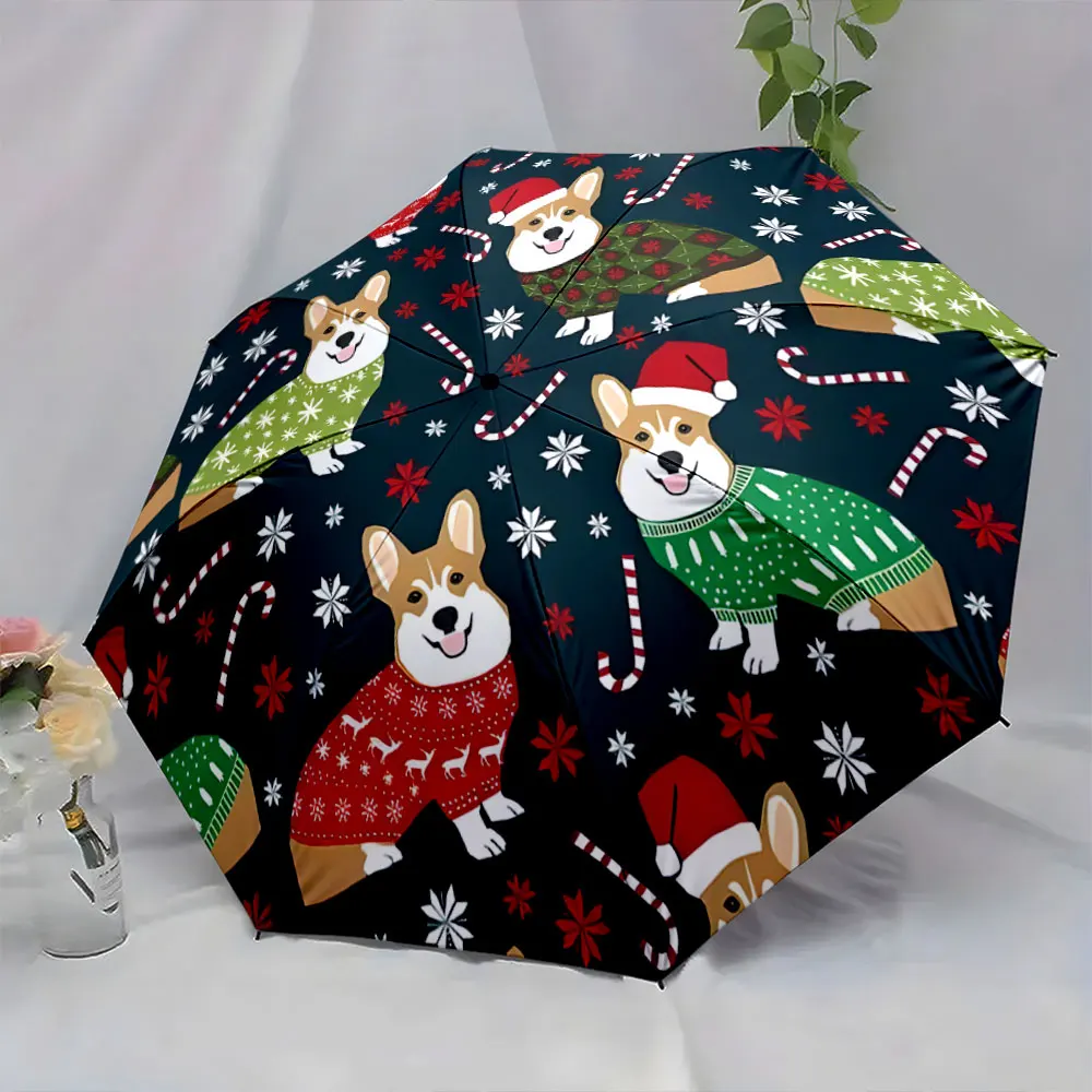 1PC Cozy Corgi Christmas-themed Umbrella Design Print 8 Iron Ribs Folding Umbrella Auto-Open Fashion Sunshade
