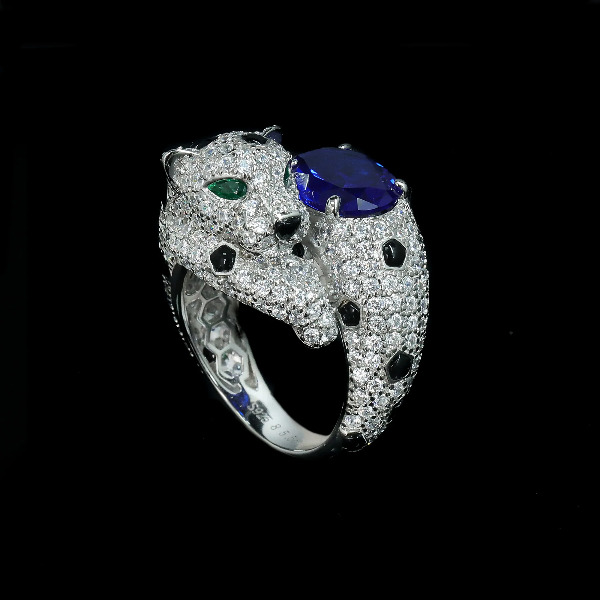 Luxury Vintage Oval Sapphire Statement Ring Panther Leopard Animal Fine Jewelry for Women's Anniversary Cocktail Party Gifts