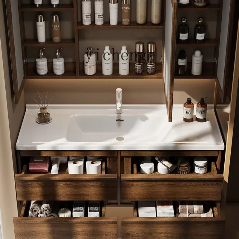 

ZC medieval style walnut ceramic integrated basin bathroom cabinet combination toilet washstand
