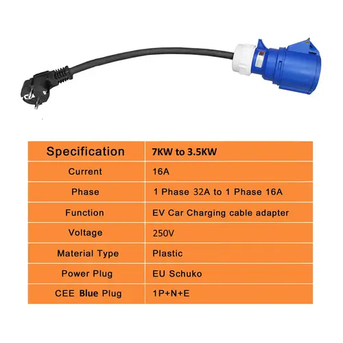 Imagen 2 del producto Adaptador de enchufe CEE azul de 32A a 16A EU Schuko, adaptador de carga de vehículo eléctrico de 7KW a 3,5 kW para cargador EV portátil