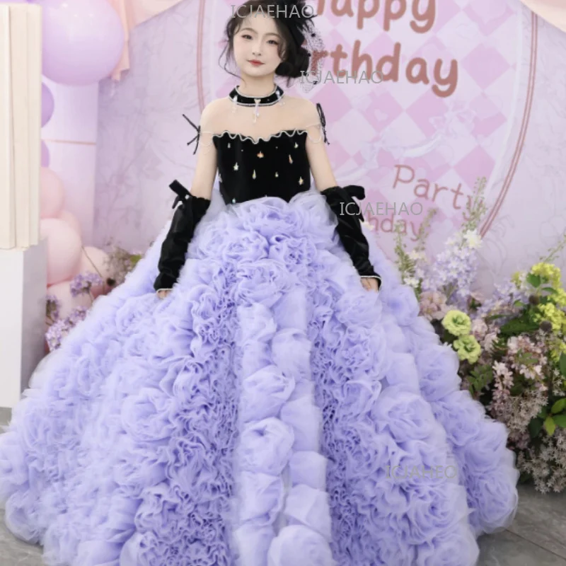 Children Purple 3D Flower Princess Dress Girls Formal Birthday Party Banquet Wedding Flower Girl Host Tutu Piano Performance
