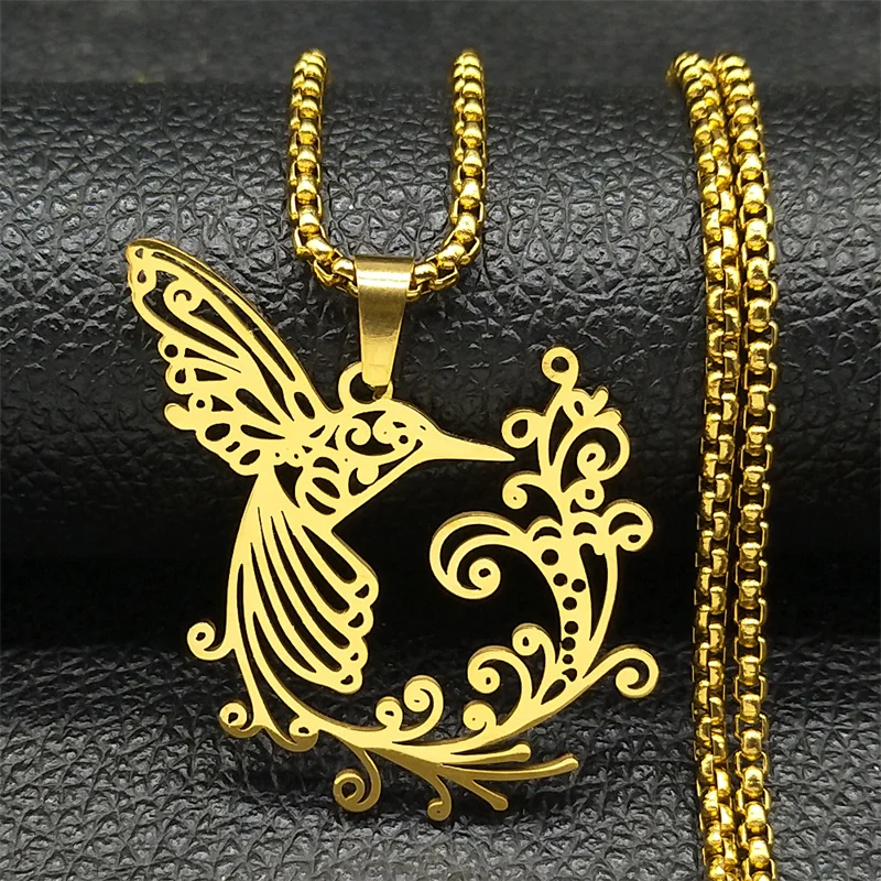 Flower of Life Hummingbird Stainless Steel Pendant Necklace for Women Men Gold Color Animal Birds Love Chain Jewelry collar