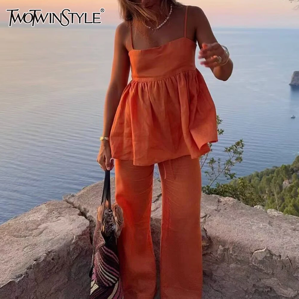 

TWOTWINSTYLE комплект из двух предметов для женщин, мини-платье без рукавов с квадратным воротником, прямые брюки с высокой талией, летний женский костюм