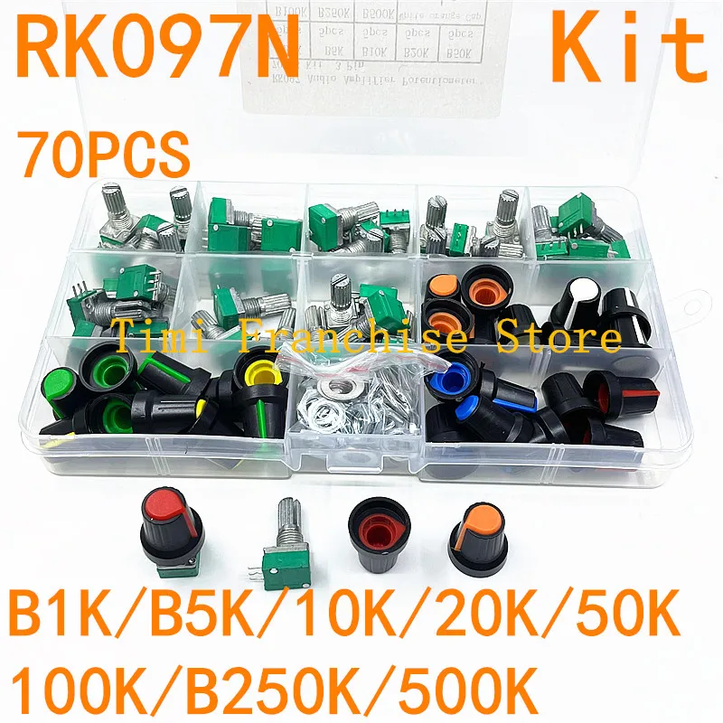 70PCS KIT 3 Pin 3P Knurled Shaft Single Linear B Type RK097N 5K 10K B20K B50K B100K B500K Ohm Rotary Potentiometer Knob With Cap