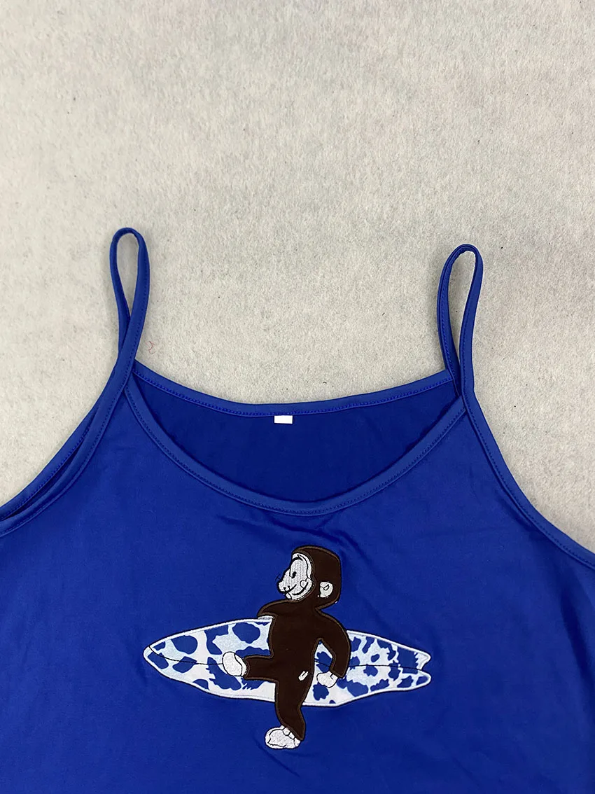Punk Vintage Surf Style Women Two Piece Outfit Monkey Surfboard Print Thin Strap Tank Top Drawstring Letter Short Pant Tracksuit view 5