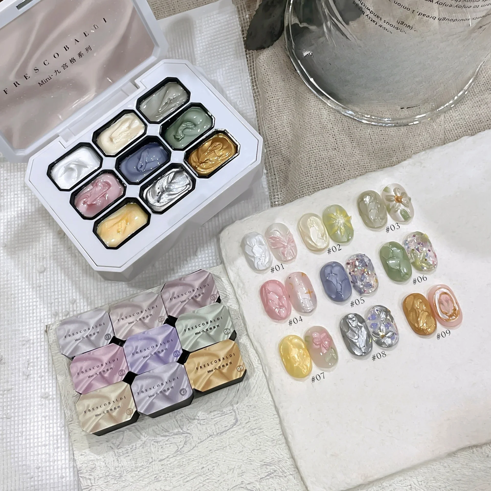 2.5gx9Color Satin Pearl Oil Painting Gel Polish Fairy Powder Cream Popularity Brocade Powder Solid State Solid Nail Art Manicure