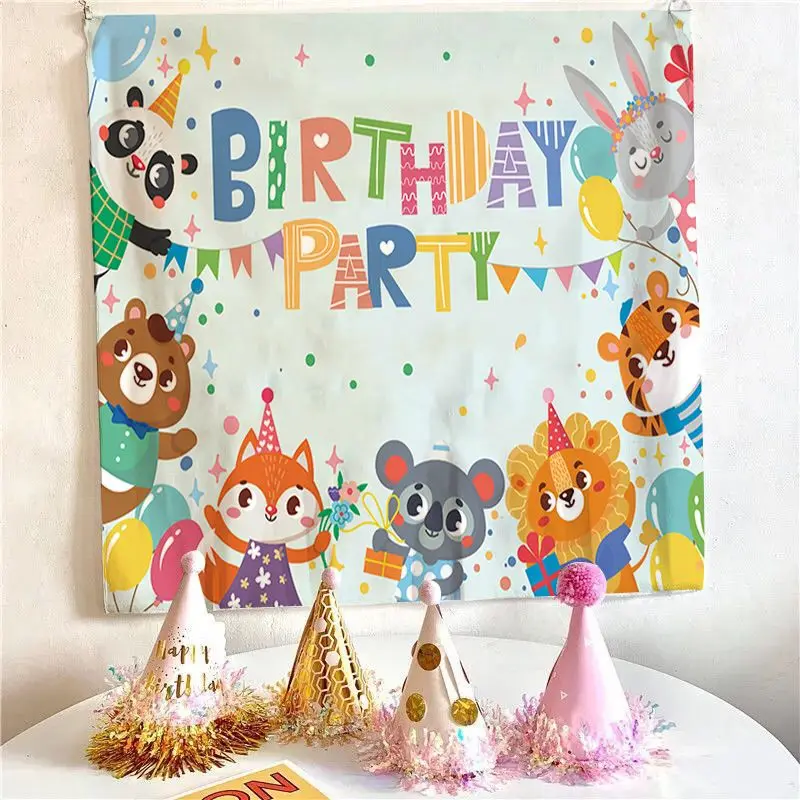 VIKAMA Cartoon Animal Birthday Party Tapestry, Birthday Celebration Wall Hanging for Bedroom Living Room Decor