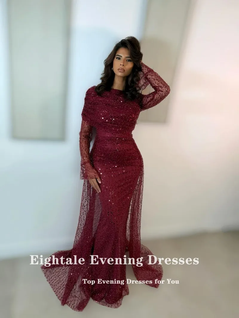 Eightale Arabisch Abendkleid Angepasst Oansatz Pailletten Perlen Meerjungfrau Burgund Prom Hochzeit Party Kleid Vestidos De Gala