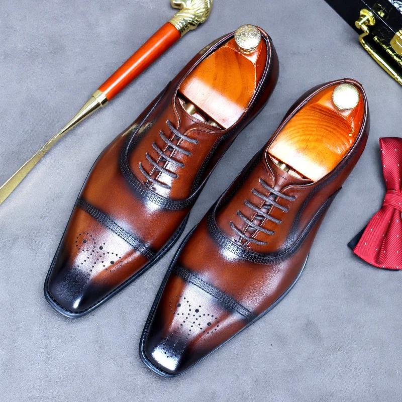 Gradient Carved and Polished Leather Shoes Men's Pointed Toe Business Casual Cowhide Genuine Leather Black British Men's Shoes