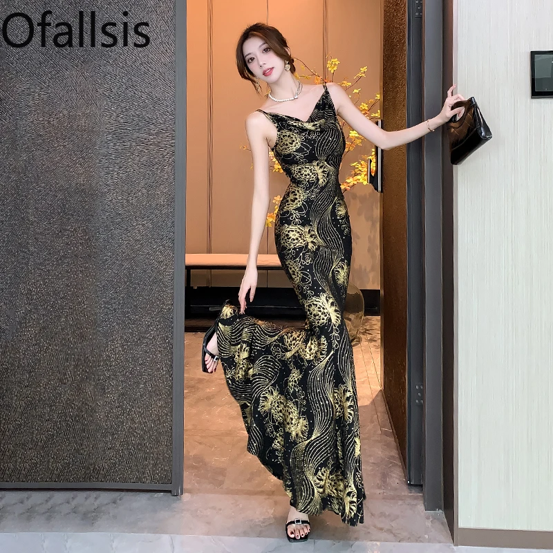 Ofallsis Temperament Black Printed Camisole Dress 2024 New Summer Light Luxury High end Unique Stunning Evening Dresses Female