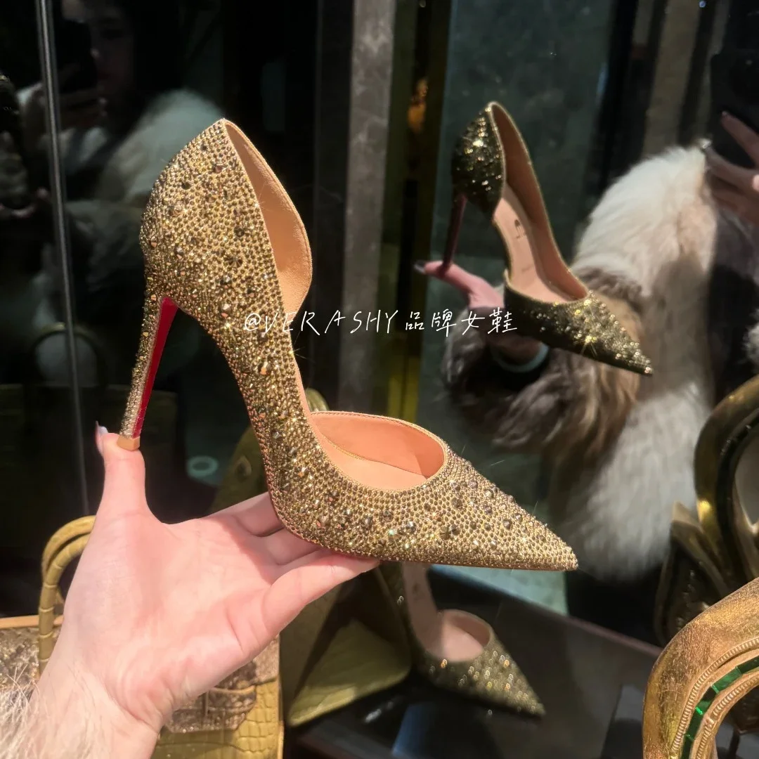 New Side Space Full Diamond Gold Fine Heel Pointed Fashion High Heels Women's Water Diamond Wedding Shoes Bridal Shoes