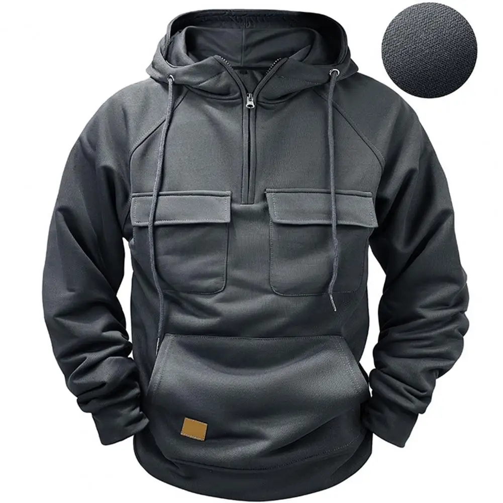 Solid Color Zip-up Hoodie Men's Cargo Style Sport Top with Multi Pockets Drawstring Hem Half Zipper Hoodie for Fall Spring Men