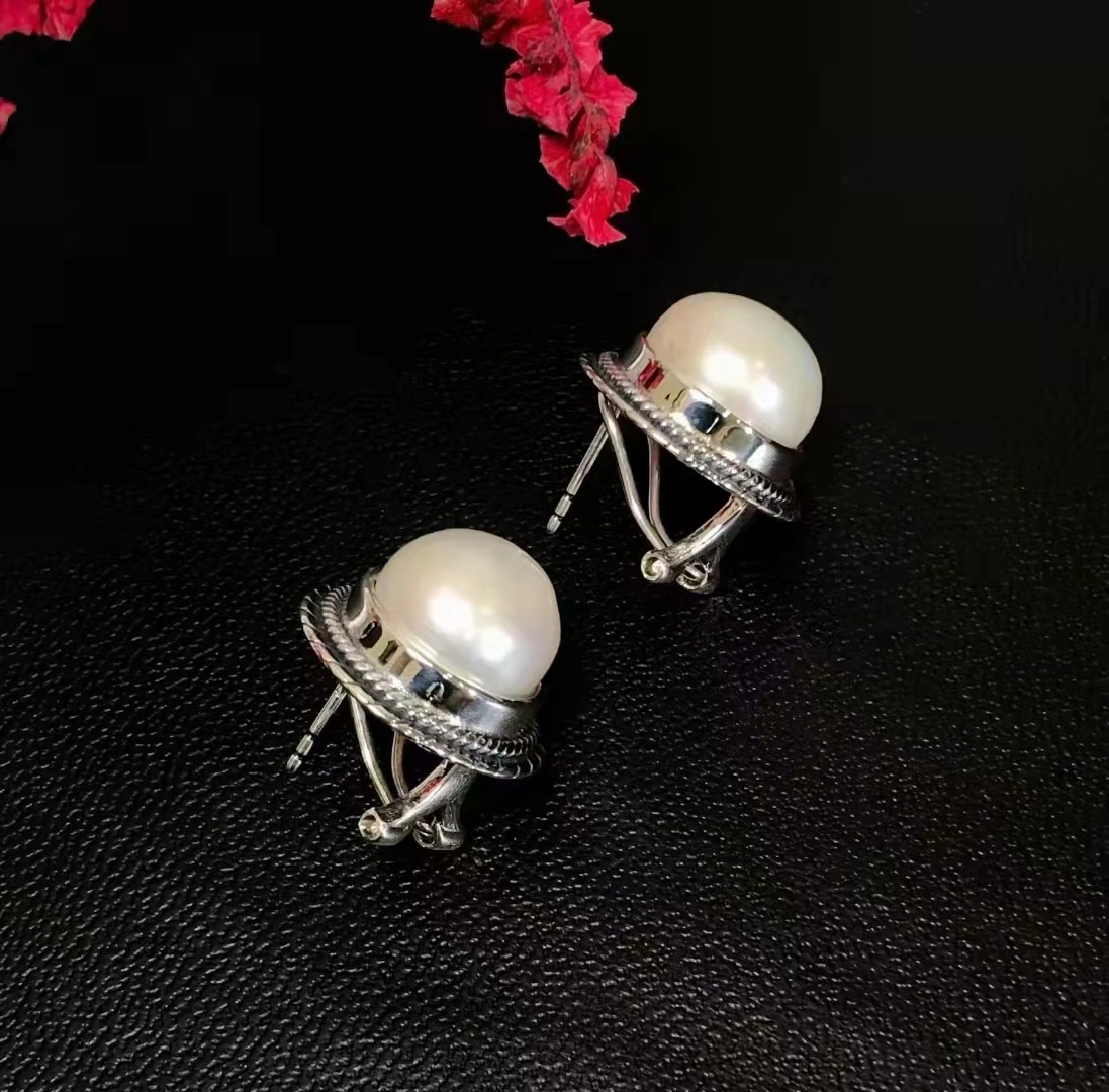 

925 Sterling Silver Vintage Heavy Industry Light Luxury Sense Large Pearl Earrings Temperament Versatile