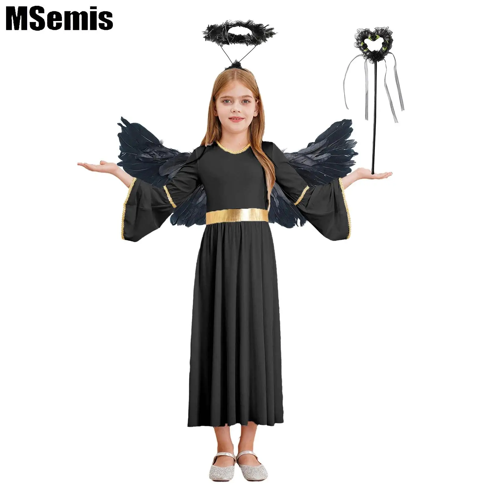 

Girls Angel Role Play Dress Angel Costume Sets with Feather Wings Headband And Fairy Sticks for Halloween Cosplay Performance