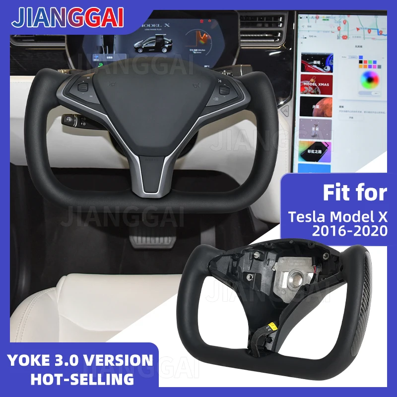 

Руль с подогревом и хомутом для Tesla Model S Model X 2014-2020, полностью кожаная ручка с хомутом рулевого колеса сбоку из углеродного волокна