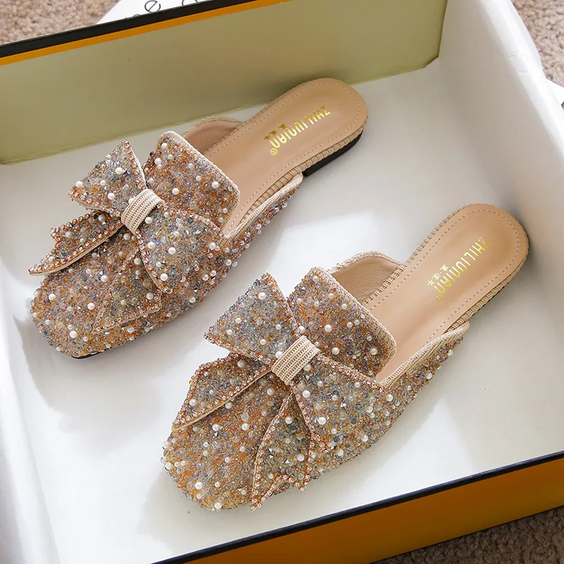 

Lady Peal Bow TNew in Slippers Flat Slides for Bare Foot Closed Toe Black Gold Daily Shoes Anti-Slippy Outdoor Cute Bling 33-43