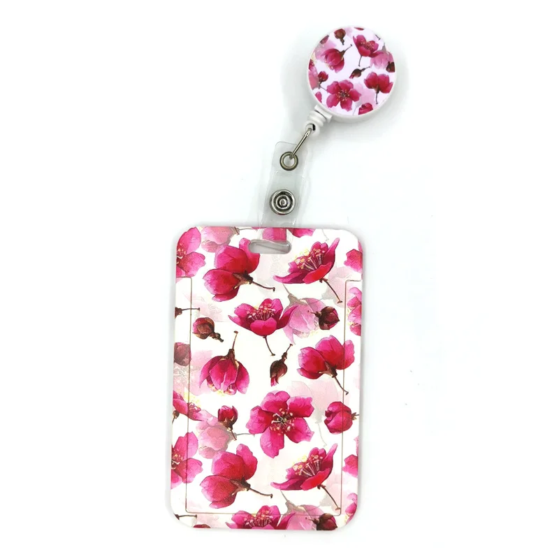 Red Flowers Cute Credit Card Cover Lanyard Bag Retractable Badge Reel Student Nurse Exhibition Enfermera Name Clip Card ID Card