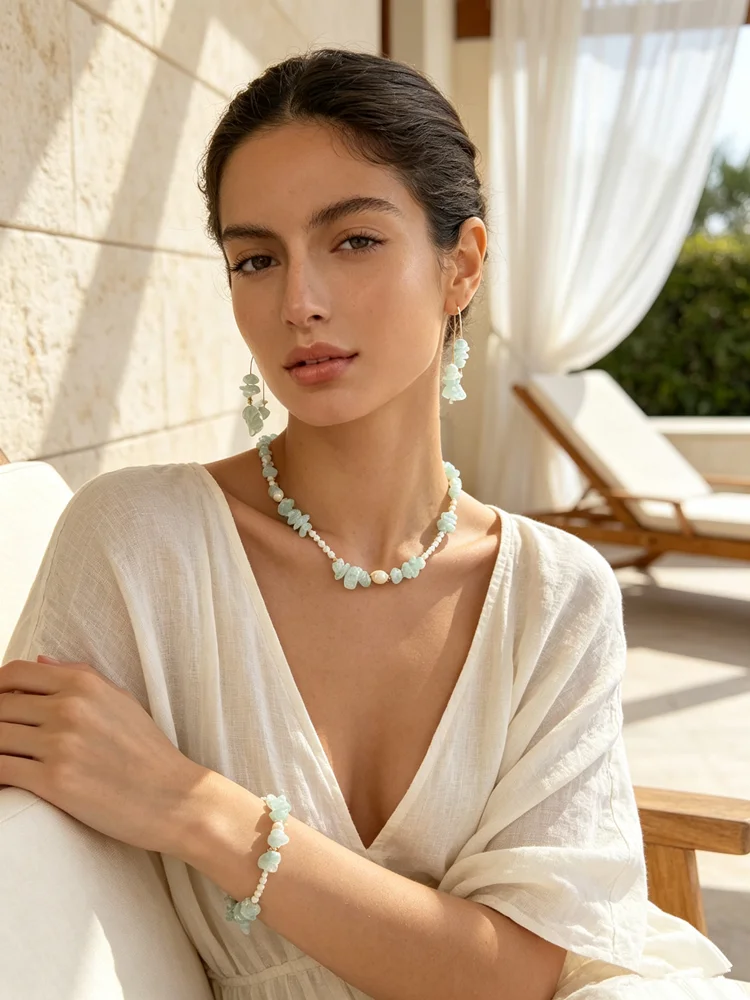 Summer Vacation Boho Aquamarine Chip Jewelry Set Matching Necklace Earrings Bracelet For Pool Beach Wedding Outfit