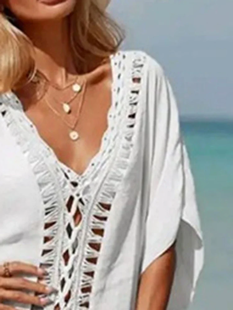 New Bikini Cover Up Women Beach Cover-Ups Hollow Out Solid See Through V-Neck Beach Dress Summer New Fashion Female Beachwear