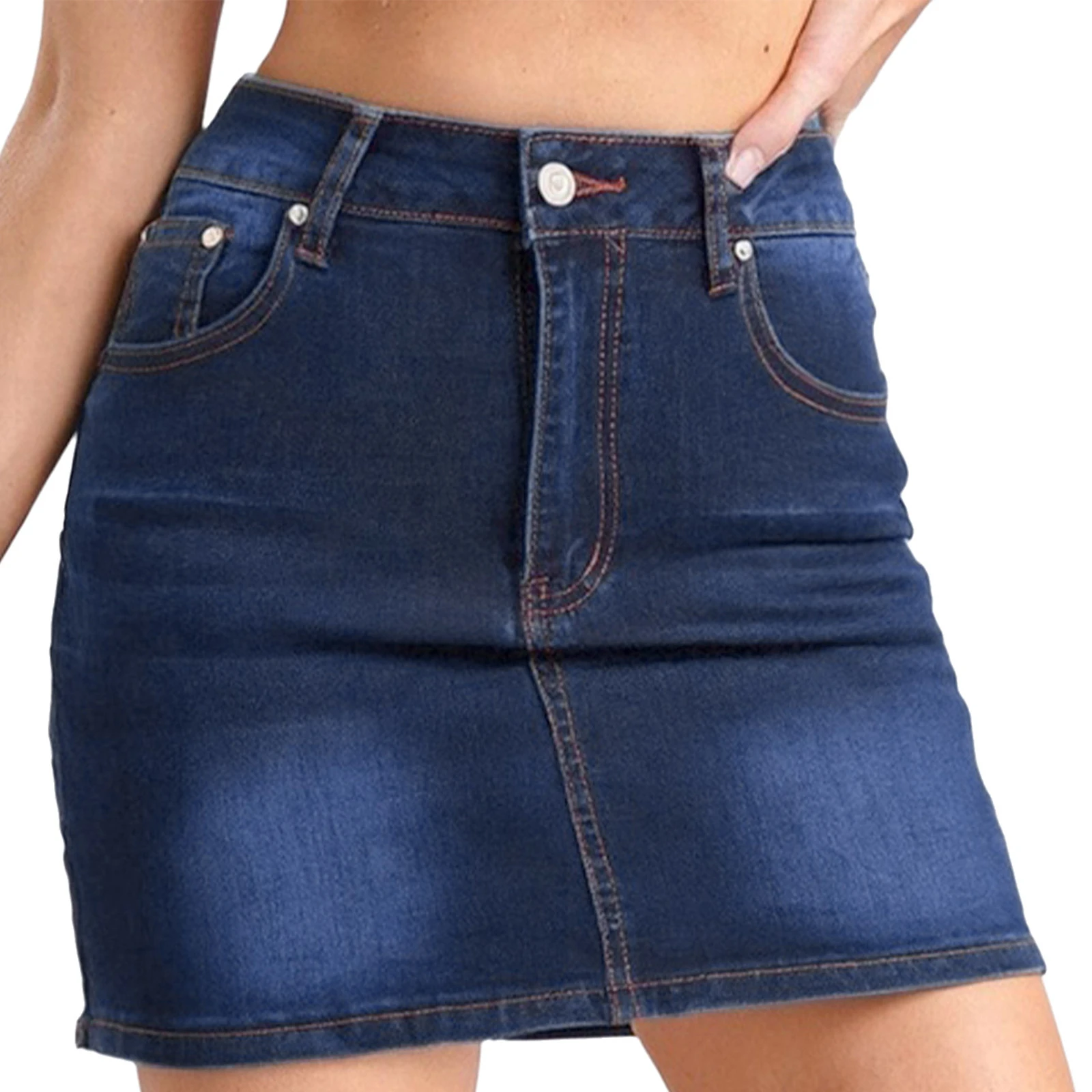 Women Deep Blue Dye Denim Mini Skirt High Waist Pockets Mini Pencil Skirt for Daily Casual Office Shopping Girls Summer Outfits