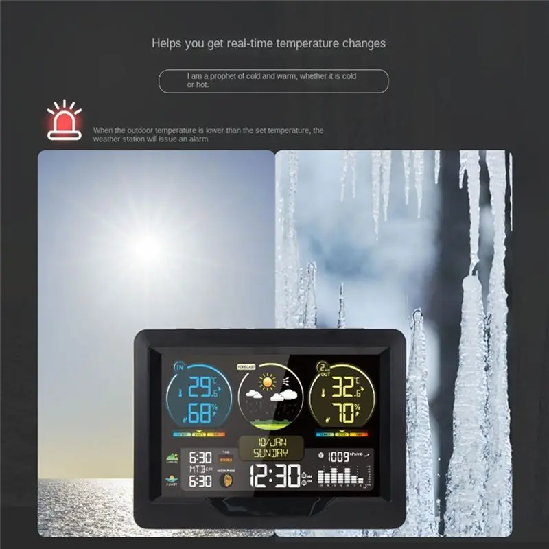 A84E-Weather Station Digital Alarm Clock With Color Screen Indoor And Outdoor Temperature Humidity Meter Desk Clocks