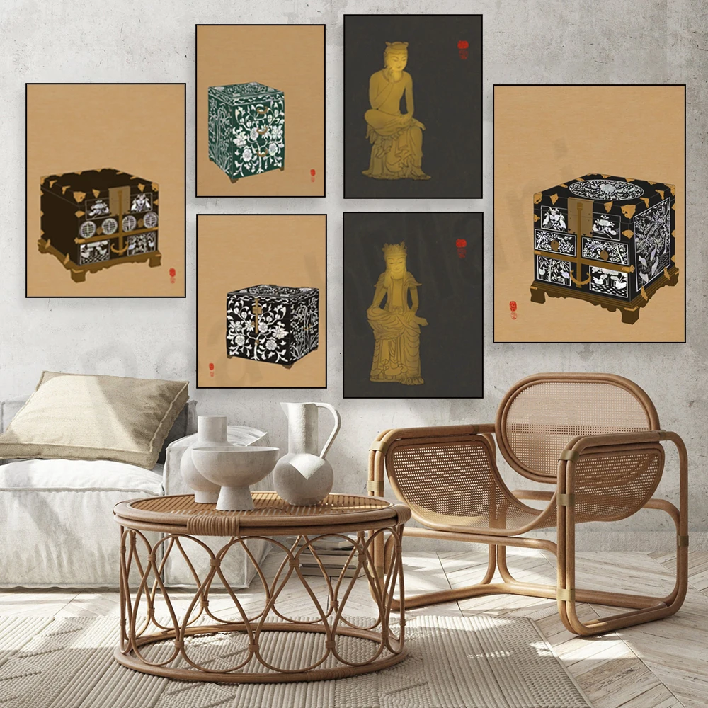 Korean Buddhist art prints depicting a meditating Bodhisattva; Korean mother-of-pearl cabinet illustrations; auspicious posters.