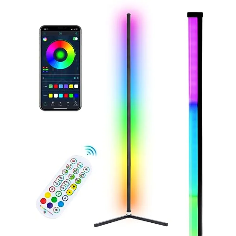 

Угловой напольный светильник RGB с Bluetooth, управлением через приложение и пультом ДУ, синхронизация с музыкой, современный светодиодный напольный светильник для гостиной, таймер, 398 режимов, диммируемый